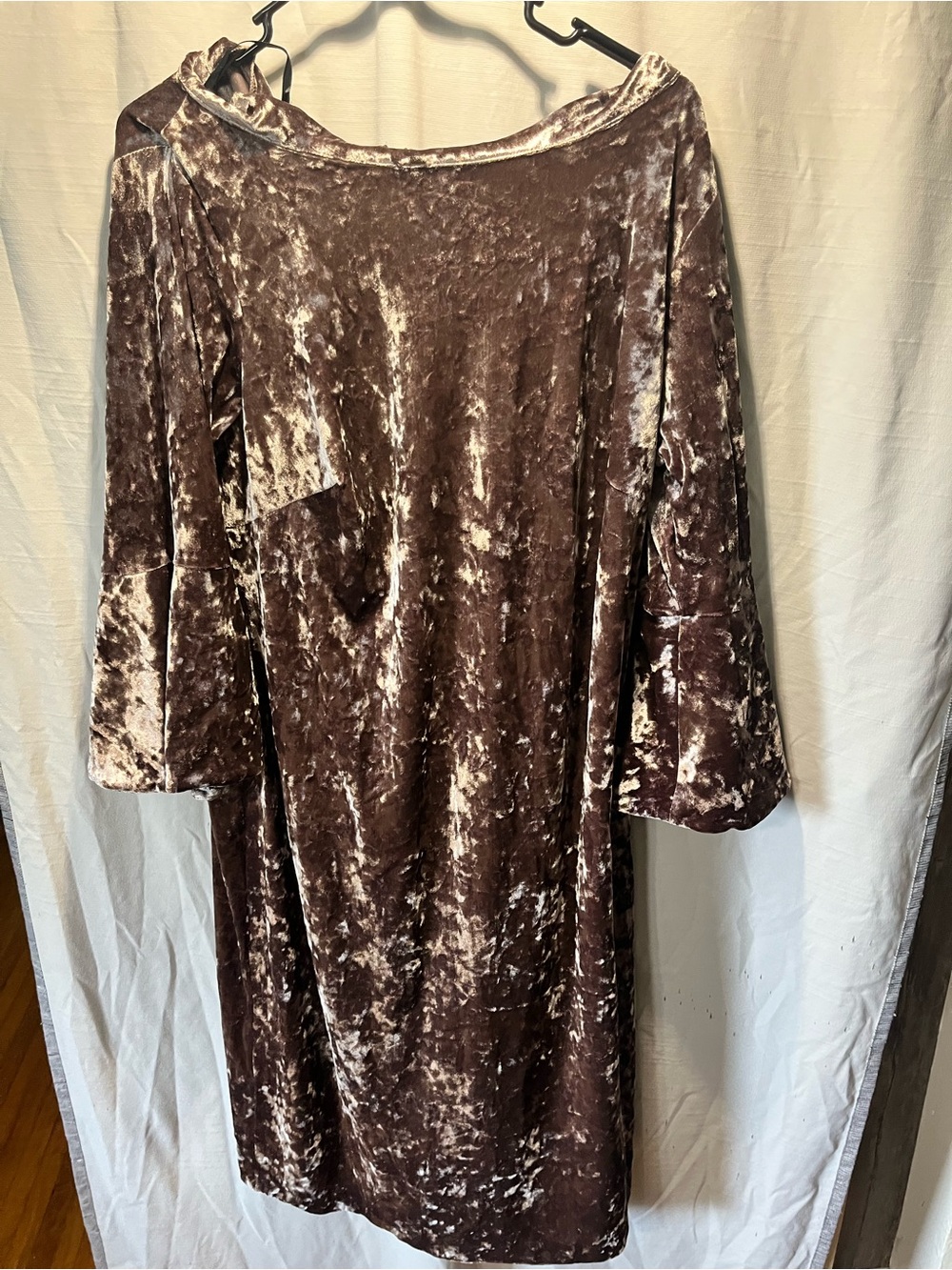 Calvin Klein Crushed Velvet Off-Shoulder Long Sleeve Dress in Brown and Cream